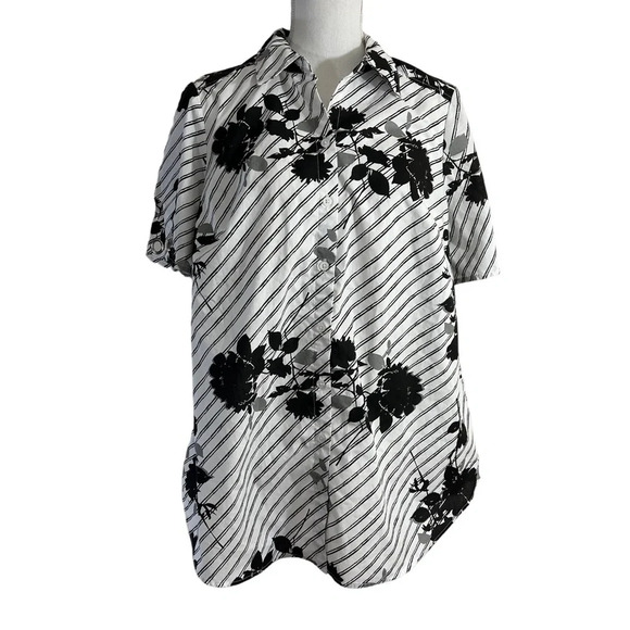 Roamans Button Up Shirt 16W Black White Gray Floral Striped Grommet Accents Top - Picture 1 of 6